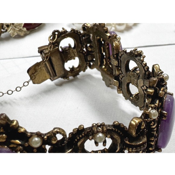 Unsigned Selro Selini‎  antique 1837- 1901 Bronze Bracelet Purple Cabochon Stone - Picture 4 of 8